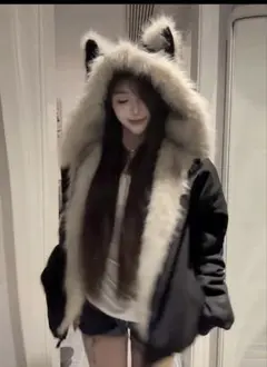 SHEIN ねこみみファーブルゾン ブラック