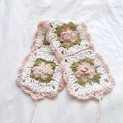 手編み フリル付き薔薇ヘッドドレス ボンネット バブーシュカ ピンク×ホワイト