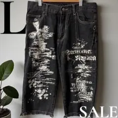 「即日発送」L グラフィックプリント ブラックデニム ハーフパンツ