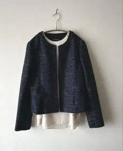 美品【グリーンレーベルリラクシング】 ノーカラー ラメ ツイードジャケット