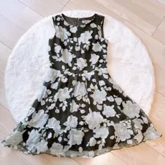 【美】リランドチュール　花柄 ワンピース　カーキ色　秋 シフォンワンピース