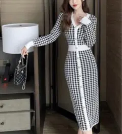 ☆韓国☆Vネック 千鳥格子 ボタンニットワンピース 長袖