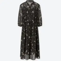 【美品】UNIQLO シフォンギャザー花柄プリントワンピース（7分袖）　L