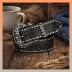 メンズ スタッズ ウエスタンベルト 彫刻バックル ブラック ヴィンテージ 新品