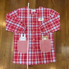 [保育士]チェック柄エプロン ウサギとクマのポケット付き