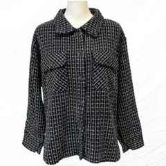 Emsexcite 厚手 ツイード チェック柄 ジャケット風 トップス 黒 白