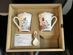 中国 茶器 マグカップ 蓋付き 桃 2客 ペアセット 刻印有 骨董 アンティーク