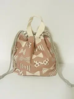 リボン柄の持ち手つきお弁当袋　くすみピンク