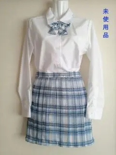 未使用　学生服　 dinkelホワイトシャツ ×ブルーチェックリボン&スカート