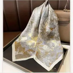 花柄シルク風スカーフ グレー・ゴールド　卒業式　入学式　式典　ファッション