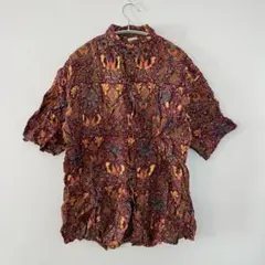 【L】ヴィンテージ派手柄物オシャレカジュアル花柄蝶半袖シャツシワ加工パープル