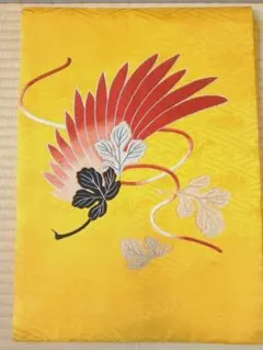 TO-1/5 アンティーク 九寸名古屋帯 開き仕立 黄地 羽根 刺繍 紗綾形