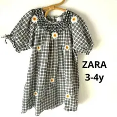 着画ありZARA【3-4y】ブラックチェックマーガレット刺繍ワンピースチュニック