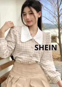 SHEIN Dazy コントラストカラー パフスリーブ ツイードシャツ
