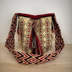 【美品】wayuu ワユーバッグ　L ベージュ赤黒　シングルスレッド