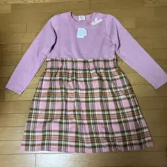 未使用タグ付き　チェック切替 ワンピース 160長袖 ピンク