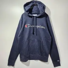 Champion　フーディー　パーカー　大きめS　ビッグロゴ　ネイビー　古着