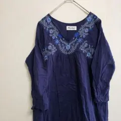マーケット 紺色チュニック 花柄刺繍 裏地あり F シアー 透け感 七分袖