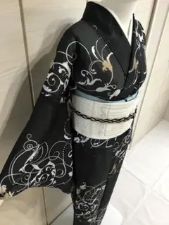 訪問着と袋帯のセット 裄68 黒地 正絹 ガード加工 帯揚げ帯締めの 