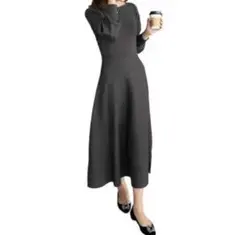 神戸レタス　フレアニットワンピース チャコールグレー　ボートネック×ロング