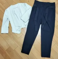 ベージュノーカラー七分袖ジャケット＆ネイビー共布ベルト付きパンツ セットアップ