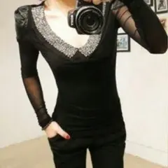 新品 送料無料♪Ｖネックレース×チュール長袖Tシャツ(00098)