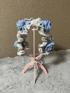 青 グレー フリルヘッドドレス ハンドメイド 編み物