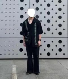 古着　made in korea 半袖シャツ XL 黒 波模様刺繍
