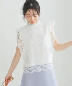 新品未使用タグ付き【BEAMS】マルチレースハイネックプルオーバー　白　F