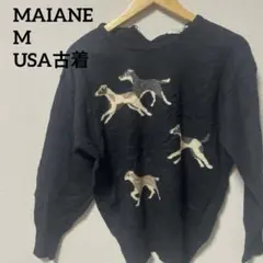 MAIANE 犬刺繍 黒ニットセーター M 海外古着　一点物