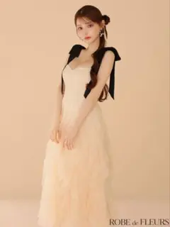 ROBE de FLEURSボリュームチュールショルダーリボンフレアロングドレス