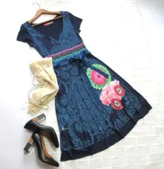 送料込み デシグアル 紺 プリント柄 ジャージーストレッチ ワンピース