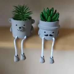 フェイクグリーン　クマデザインのセメント植木鉢 2個セット　体操座りも出来る！