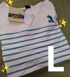 【新品】Disney半袖Tシャツ(ミッキー刺繍・ホワイト&水色 ストライプ柄)L