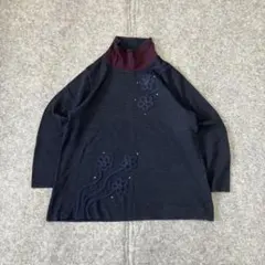 長袖 カットソー ハイネック 刺繍 花柄 トップス ネイビー L レトロ 古着