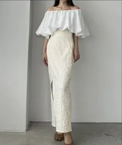 ジャガード　ハイウエスト　スリット　Iラインスカート