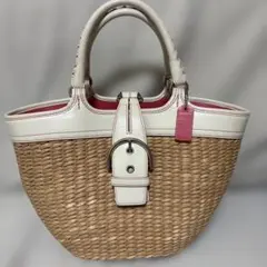 COACH コーチ かごバッグ トート 白レザー/ストロー/ピンクステッチ