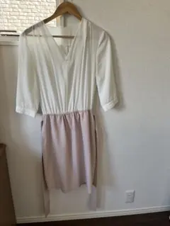 ホワイト・ピンク 七分袖ワンピース