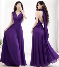 パープル ロングワンピース 背中リボン フレアドレス