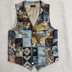 美品ポールスミスコレクションリネン100%総柄ベストM 花柄マルチカラー