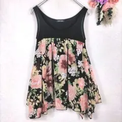 CORN FLAKE　胸元切り替えノースリーブチュニック　タンクトップ　花柄　M