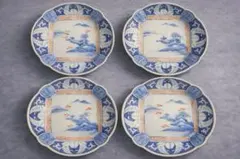 有田 伊万里 古伊万里 染付 山水 赤絵加彩 金彩 小皿 4客