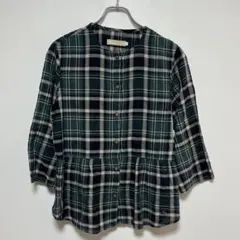 クロコダイル【M】チェック柄ノーカラーシャツ チュニック風切り替え グリーン系のサムネイル
