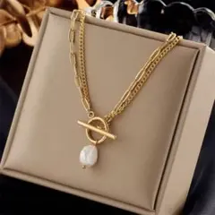 ステンレス　チェーン　マンテル　ネックレス バロックパール 金属アレルギー対応