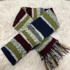 手編みマフラー　フリンジ込み168cm×10cm ネイビーモスグリーン