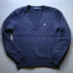 Ralph Lauren ケーブルニット Vネック 90s 白ポニー刺繍