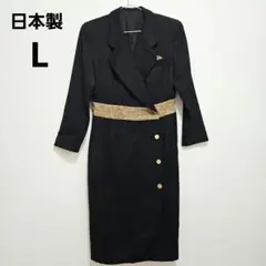 【Lサイズ】ブラック テーラードロングジャケットコート ゴールドボタンヘビ柄春服