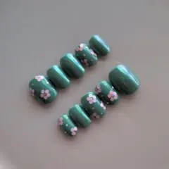 【現品】ネイルチップ☆ベリーショートオーロラミントブルー小花桜さくら#668