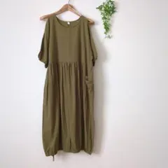 Q-9オリーブグリーン色 半袖ロングワンピース ポケット付き5分袖