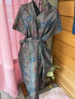 54‼️紬❓着物リメイク‼️V字ネック‼️ベルト付きワンピース‼️ハンドメイド‼️